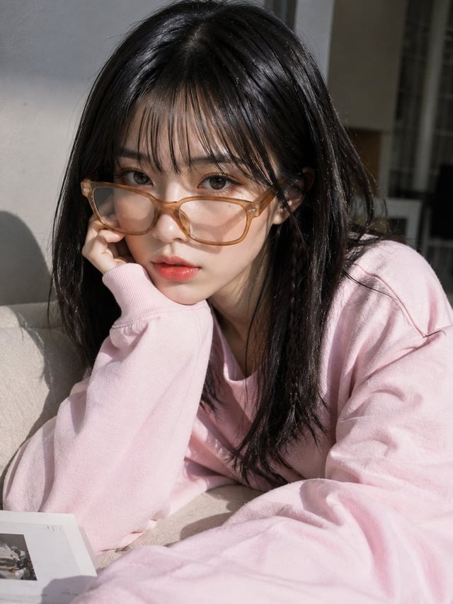 A young Asian woman with a soft oval face, fair porcelain skin, a subtle beauty mark near one eye, a