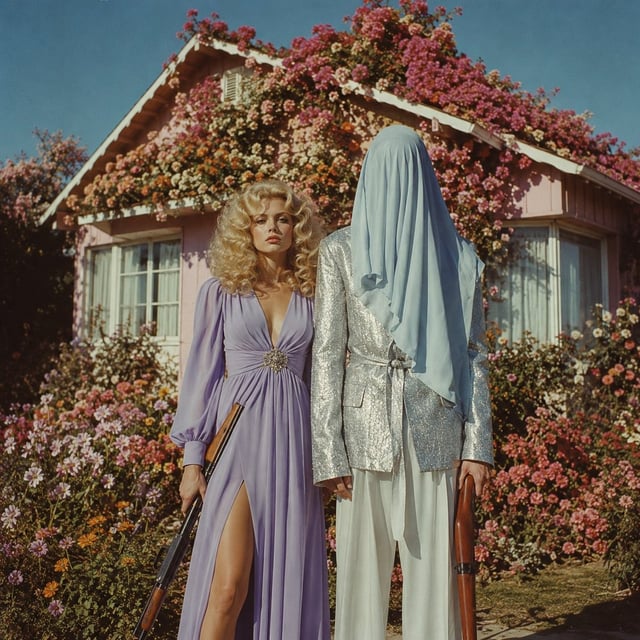 Surreal vintage fashion editorial, two mysterious figures standing in front of a pastel suburban hou