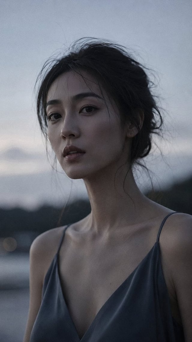 Portrait shot on 85mm f/1.2, close-up of a Japanese woman in her late 20s, elegant long neck, dark h