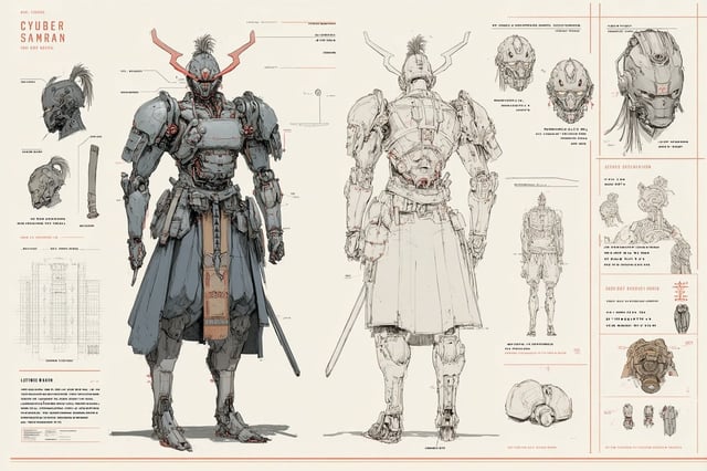 A character concept sheet of a [Character], featuring detailed front, back, and side views, along wi