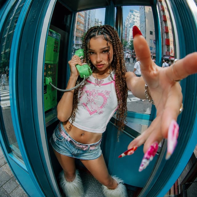 Y2K fashion editorial photo of a young woman inside a teal city telephone booth, holding a bright gr