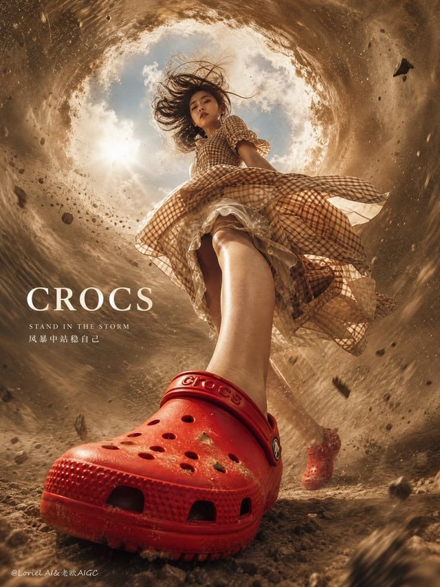 Create an ultra-premium cinematic advertising poster for Crocs beach clogs, with an extreme ultra-wi