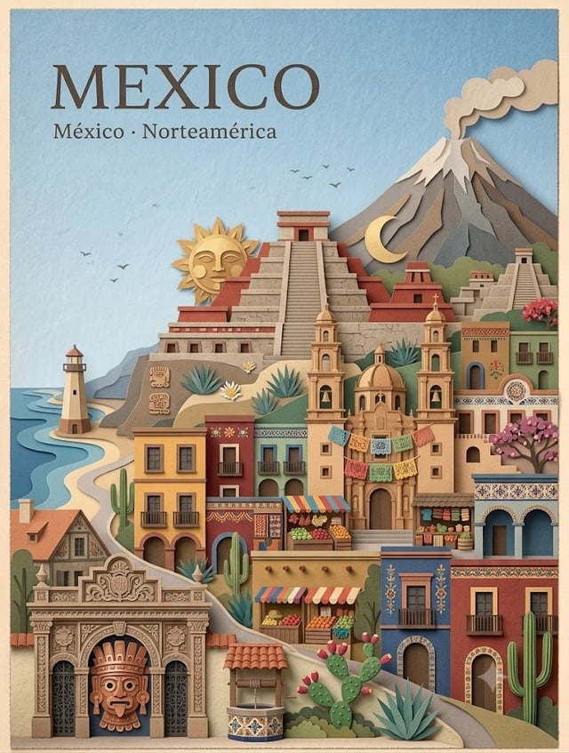 Create a vibrant 3D paper-cut folk art illustration of [Country Place], featuring its iconic landsca