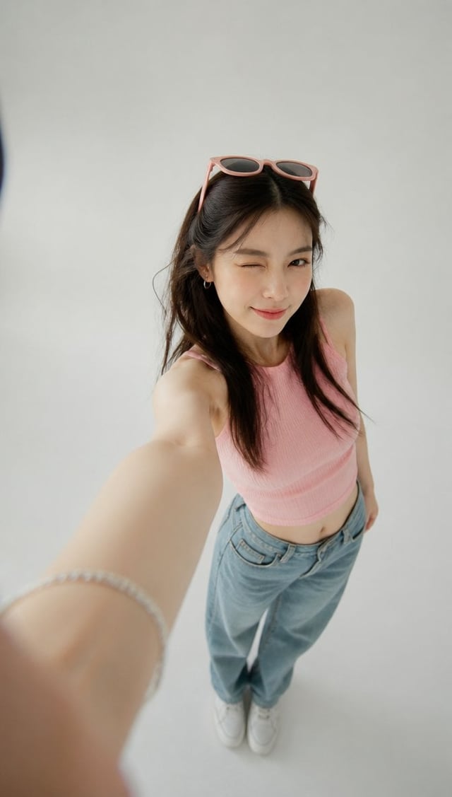 An ultra-realistic selfie photograph, where the subject is personally holding the smartphone with on