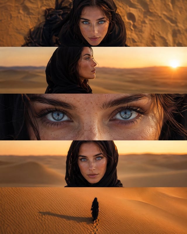 Create a premium 4:5 vertical cinematic collage featuring the exact same female character across fiv