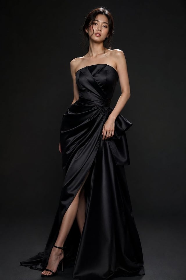 A  stunning young Korean woman in a high-end fashion studio photoshoot, standing confidently against