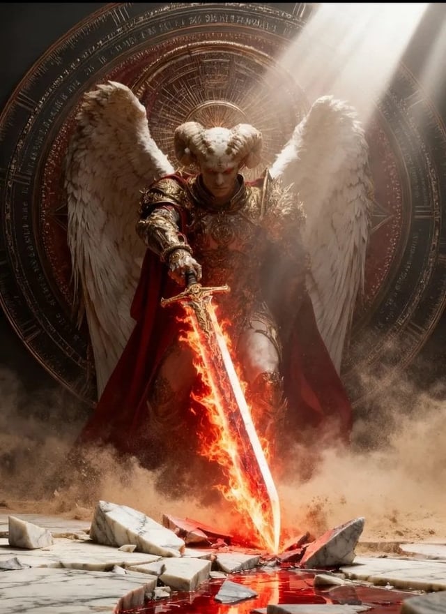 A divine fallen angel warrior kneeling in the center of an ancient celestial temple, thrusting a mas