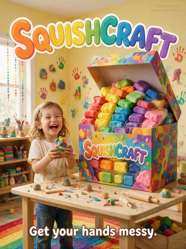 A messy fun kids advertisement poster. A laughing young girl age 6 with clay all over her hands prou