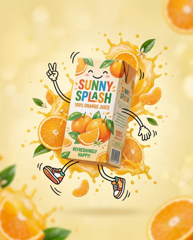 A professional product advertisement photography for a juice carton box. The juice carton is floatin