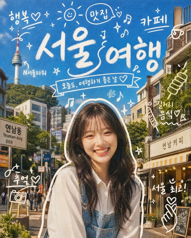 A vibrant travel dynamic poster layout. In the lower-center foreground, a cheerful young Korean woma