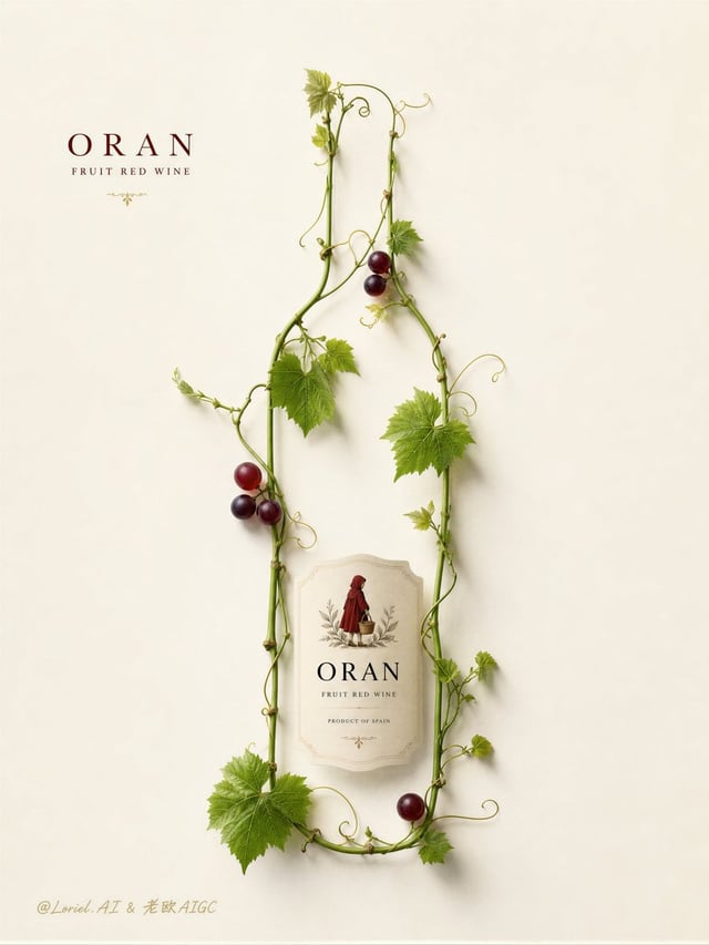 Create an ultra-premium minimalist poster for Oran Spanish fruit red wine, inspired by a refined bot