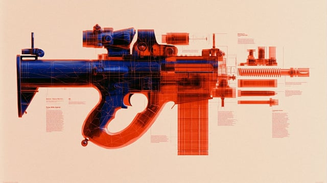 Autopsy infographic of geometric low-polygon transparent M134 Minigun hybrid, parts and labels, indu