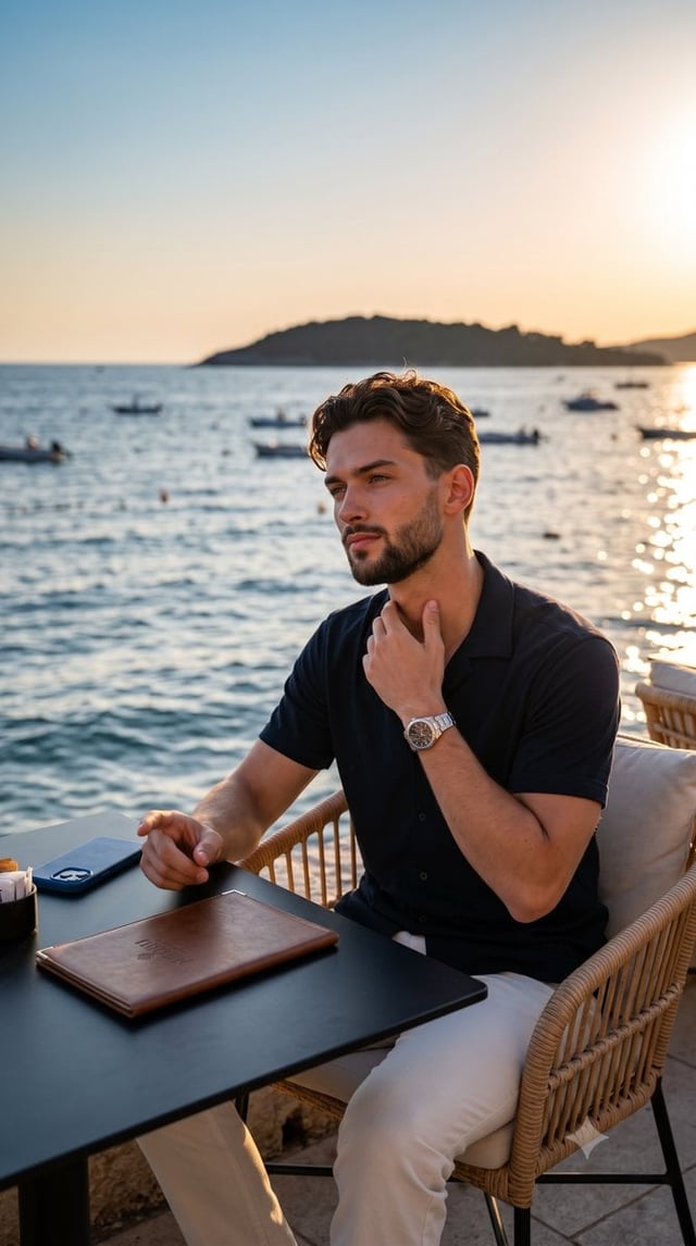 A candid, relaxed profile portrait of a young adult male seated and leaning slightly left, positione