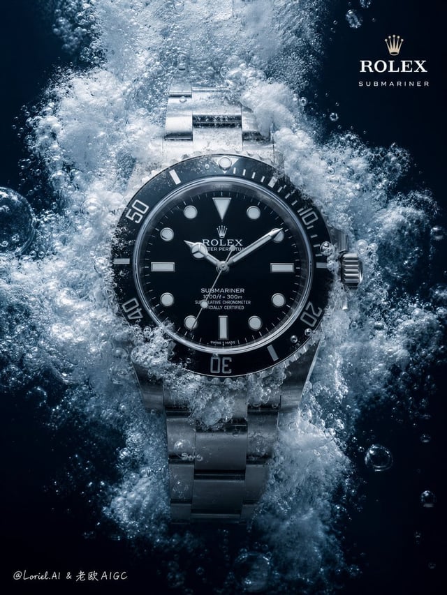Create an ultra-premium **high-speed laboratory-style commercial poster** for **Rolex Submariner**, 