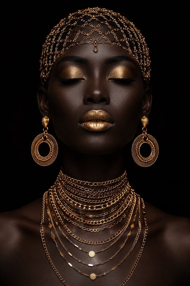 Ultra-realistic luxury fashion portrait of an elegant Black woman with flawless deep matte ebony ski