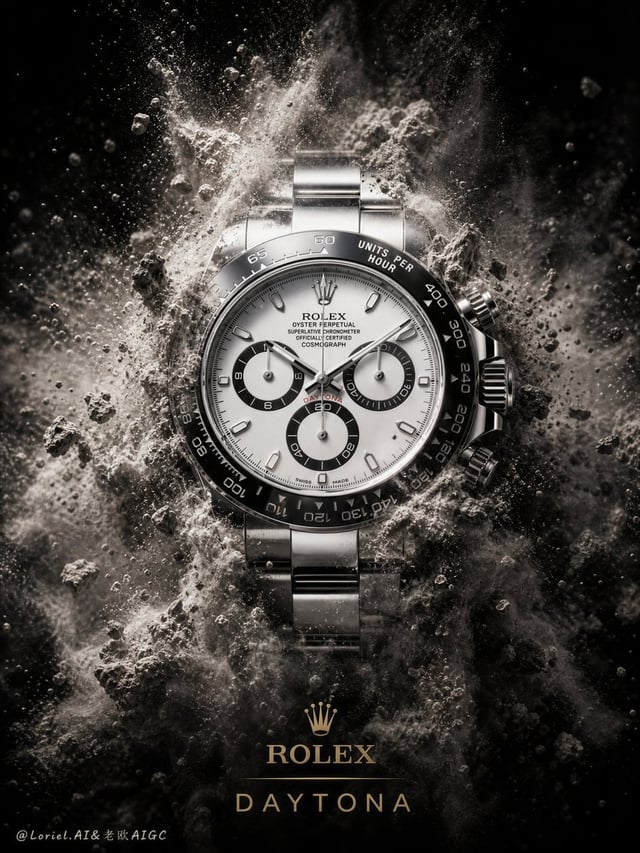 Create an ultra-premium commercial poster for **Rolex Daytona**, pushing the visual concept toward a
