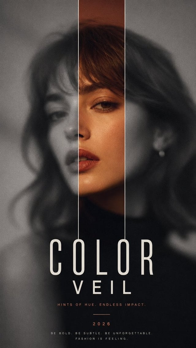 Create a 9:16 high-end color reveal editorial poster with a blurred fashion portrait, one sharp reve