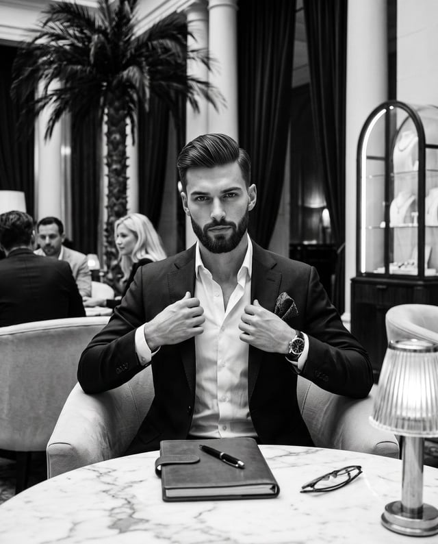 A handsome, sophisticated man with sharp facial features, a strong jawline, and perfectly groomed li