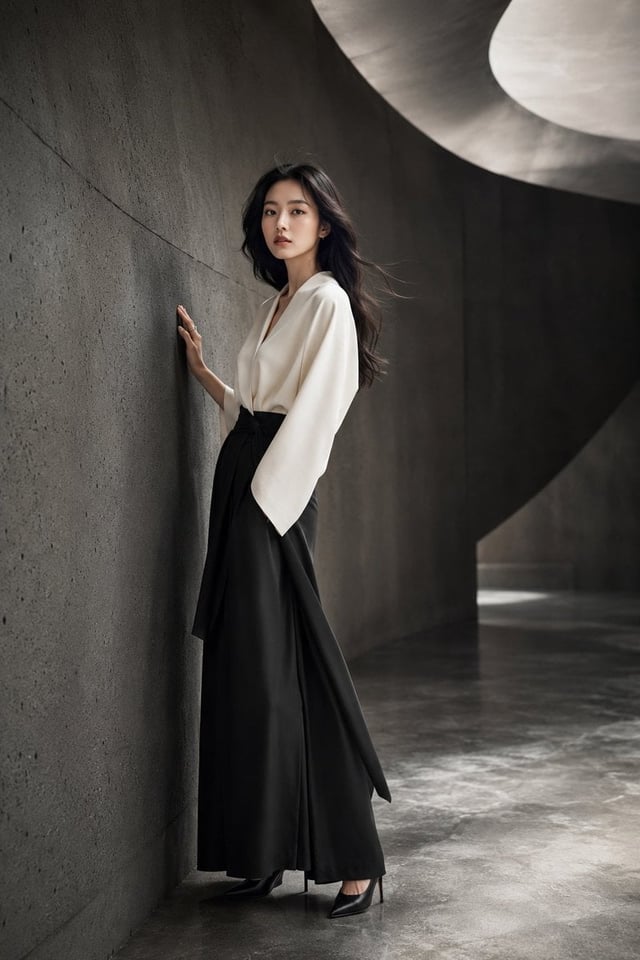 A stunning young Japanese woman in a high-end fashion studio photoshoot, standing gracefully in a co