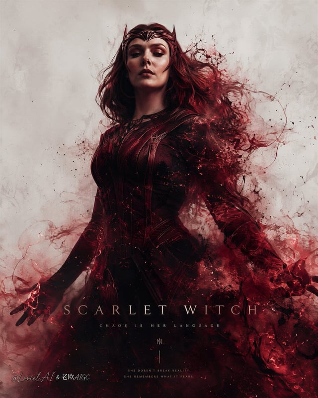 Create an ultra-premium flagship character poster for **Scarlet Witch**, designed as a **museum-grad