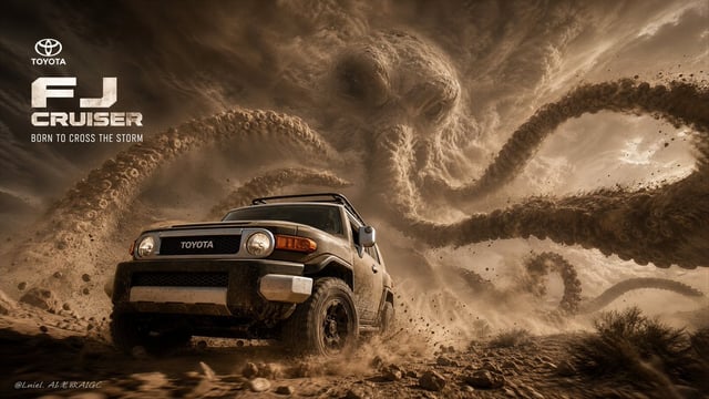 Create an ultra-premium cinematic key visual for the Toyota FJ Cruiser in a hyper-realistic desert s