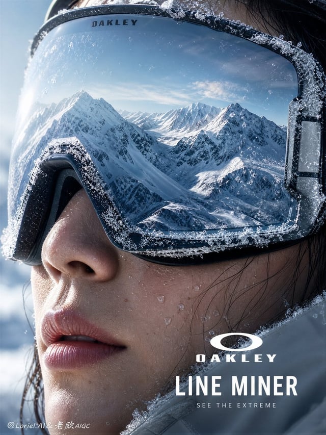 Create an ultra-premium cinematic advertising poster for **Oakley Line Miner ski goggles**, designed