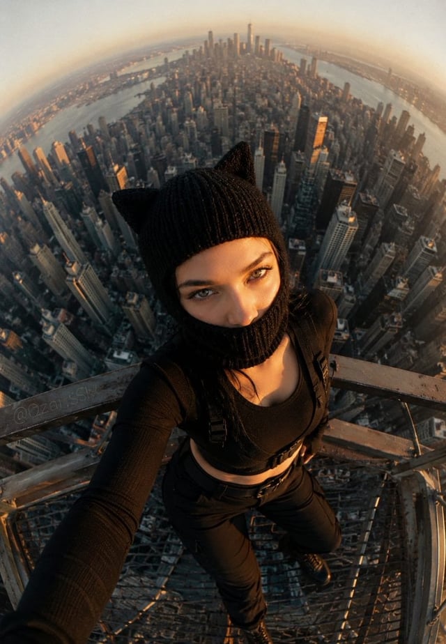 A fictional young woman in a black knit cat-ear balaclava and matching cropped tactical top, shot fr