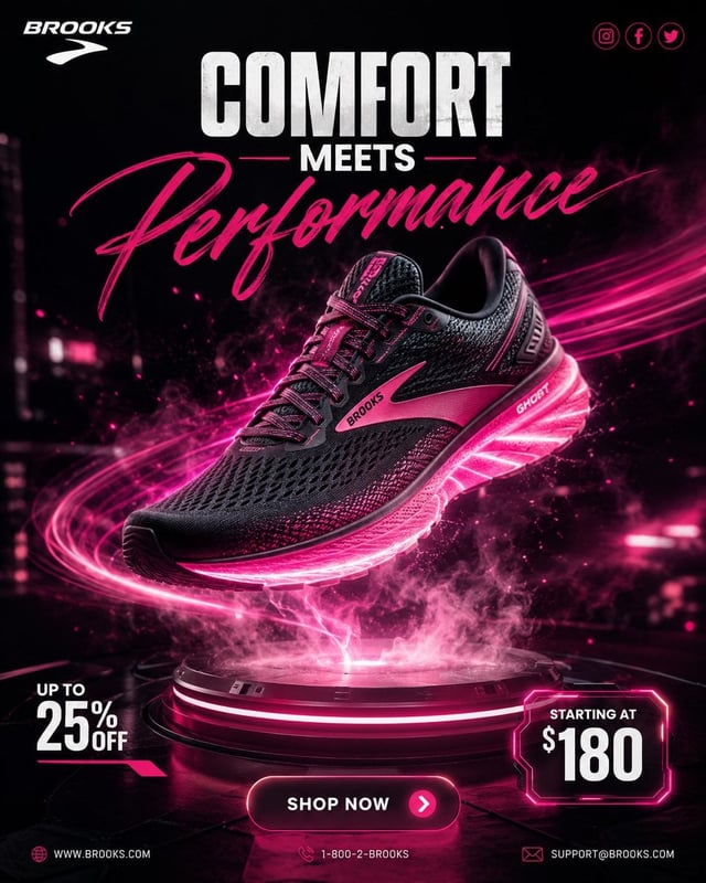 Ultra realistic premium commercial advertisement featuring a Brooks running shoe floating dramatical