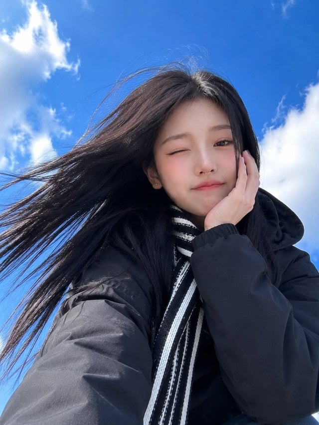 Ultra-realistic smartphone selfie of a beautiful young East Asian woman taken from a dramatic low-an