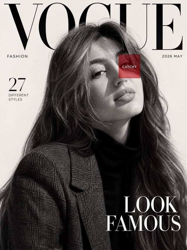 Create a high fashion editorial magazine cover inspired by luxury fashion publications. Use the refe