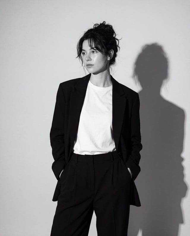 A fine art black-and-white editorial portrait of a stylish young woman wearing an oversized black bl