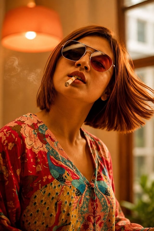 Creative fashion editorial concept, young woman wearing matching landscape-print shirt and shorts se