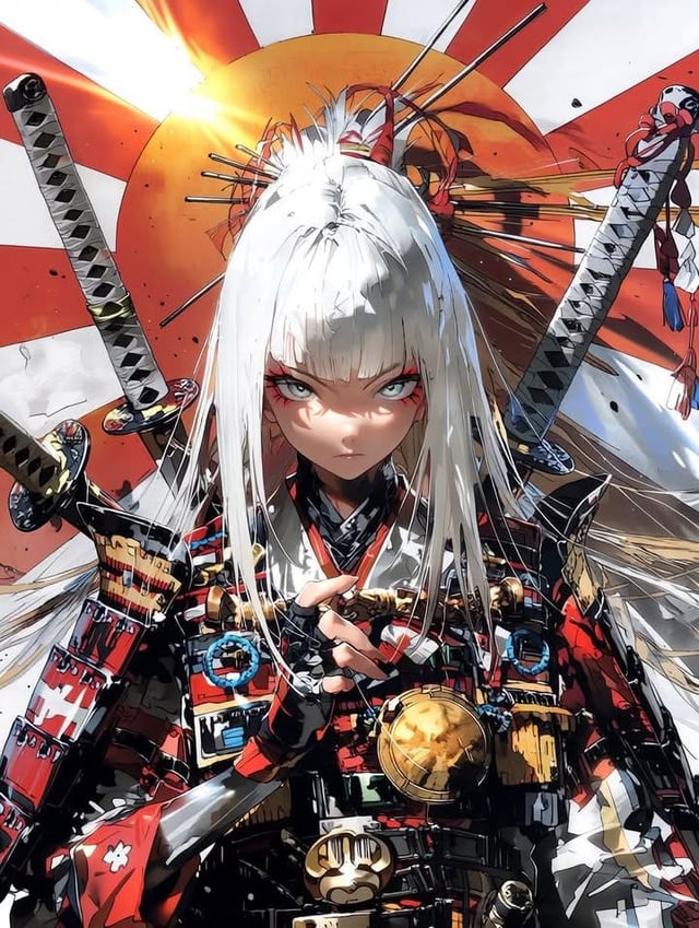 masterpiece, best quality, ultra-detailed anime illustration, fierce samurai girl warrior, low-angle