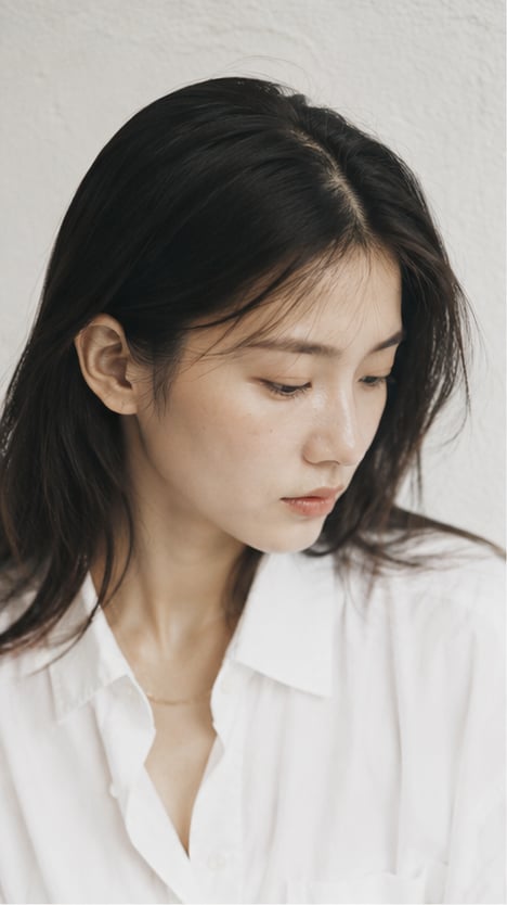 Portrait shot on 85mm f/1.8, editorial close-up of a Japanese woman in her mid-20s, sharp intelligen