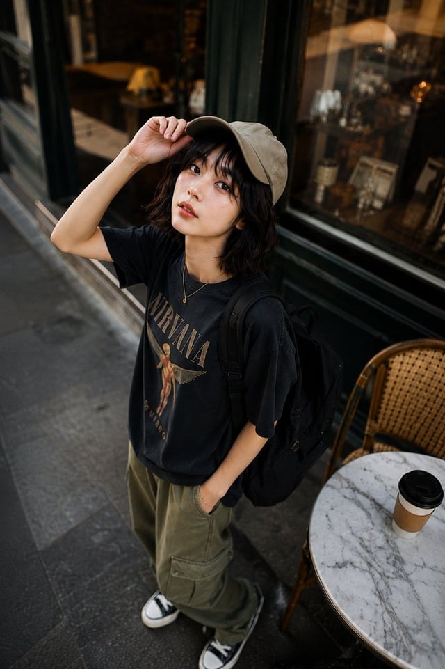 An ultra-realistic cinematic street portrait of a stylish young Korean woman standing outside a luxu