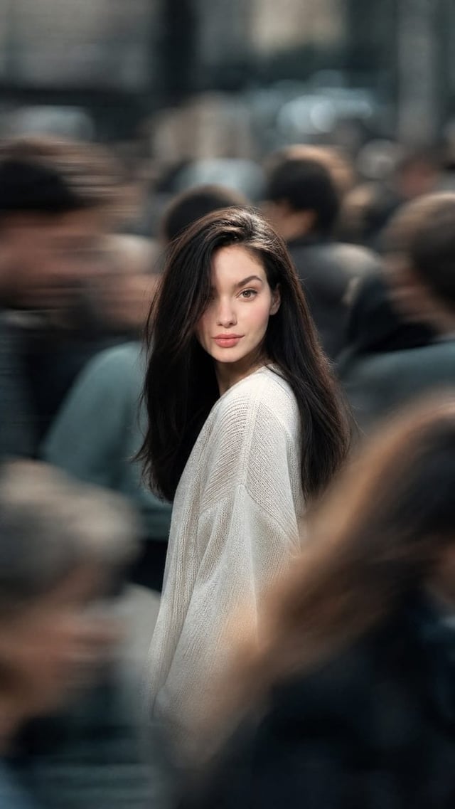 A cinematic still from an urban romance drama. In the center of the frame, the woman from the refere