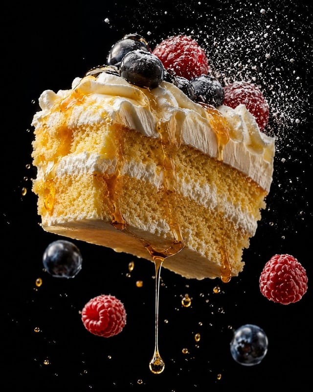 Tight close-up levitation food shot, strawberry shortcake layers floating mid-air, extreme detail on
