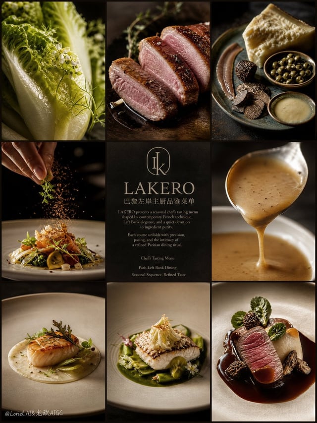 Create an ultra-premium 3x3 editorial poster for LAKERO, reimagined as a Paris Left Bank chef’s tast