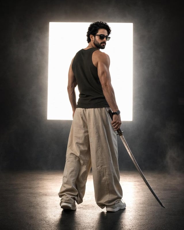 Full-body cinematic studio portrait of an athletic man From reference image standing with his back t