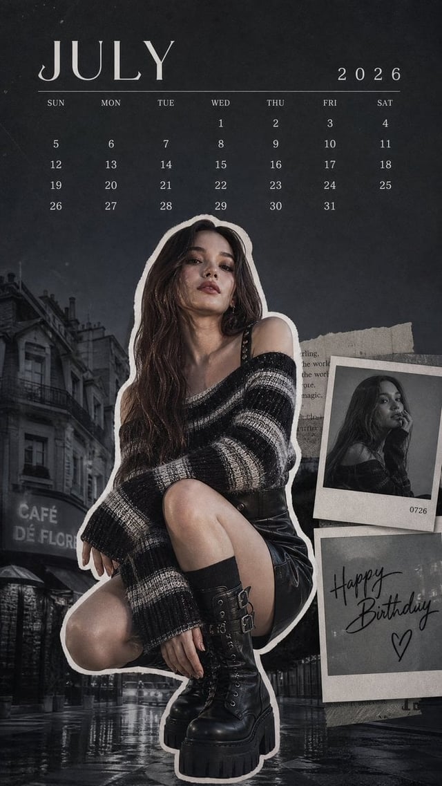 A vertical mobile wallpaper, digital collage style, magazine editorial. A young female K-pop idol po