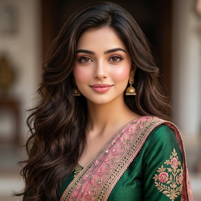 A high-quality, close-up portrait of a beautiful South Asian woman with long, voluminous, wavy dark 