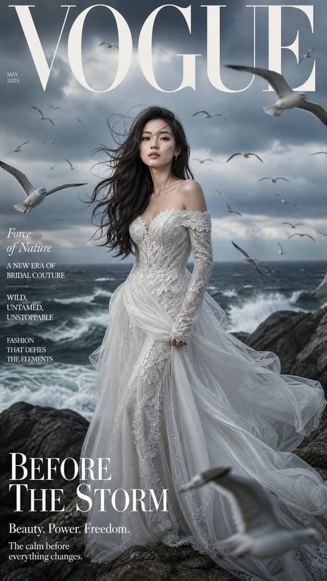 A breathtaking high-fashion magazine cover featuring a young Asian woman with delicate facial featur