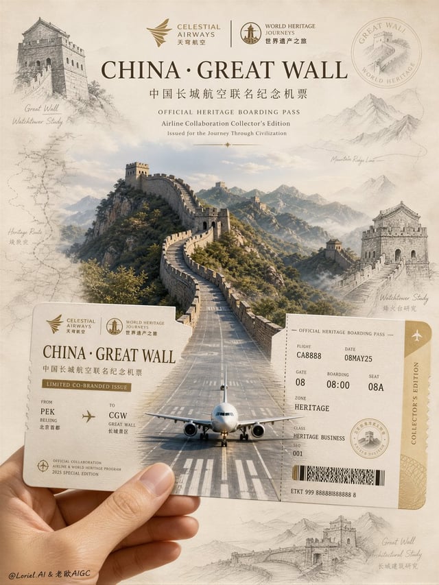 Create an ultra-premium airline co-branded commemorative boarding pass poster for China, centered on