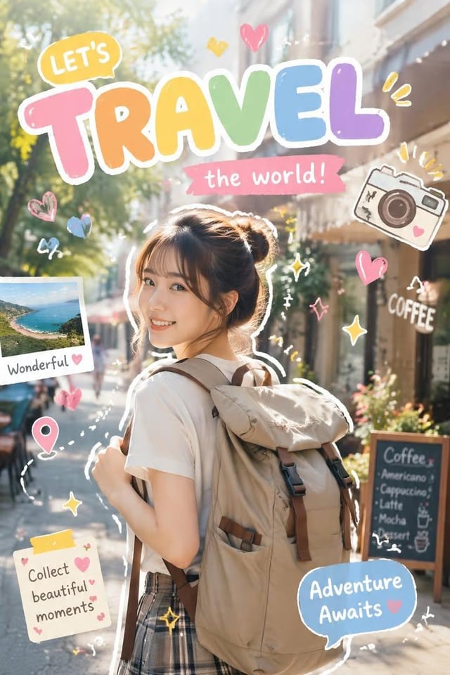 Reference the character from the provided image. Create a high-quality photo of a young female trave