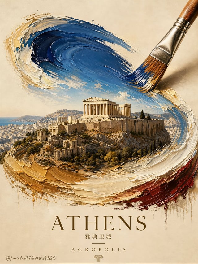 Create an ultra-premium heritage art poster for Athens, centered on the Acropolis, with the main vis