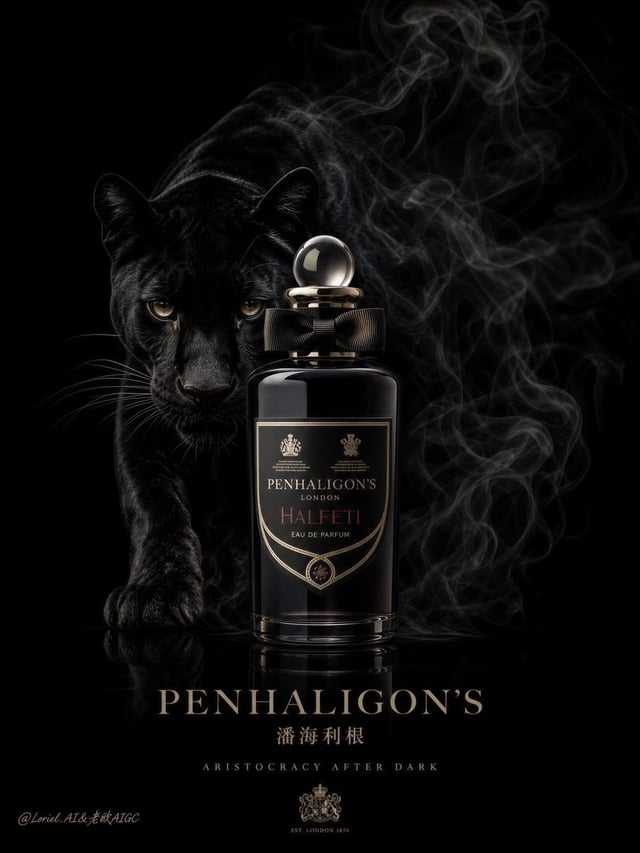 Create an ultra-premium nocturnal aristocratic fragrance campaign poster for Penhaligon’s, combining