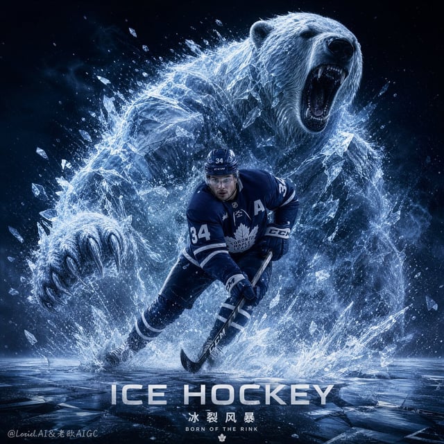 Create an ultra-premium sports poster for ice hockey, reimagined as an ice-fracture storm spectacle.