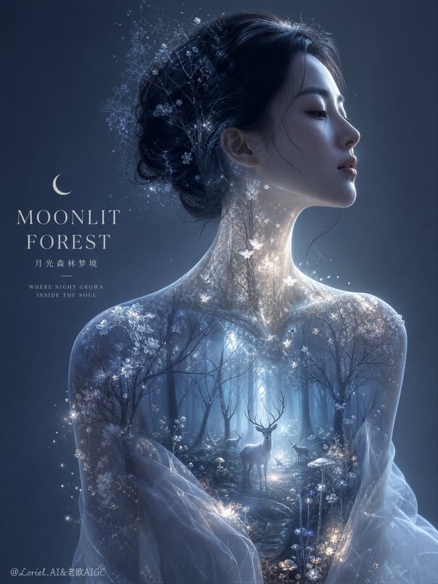Create an ultra-premium dream-portrait poster in a moonlit forest style, combining a hyper-real fema