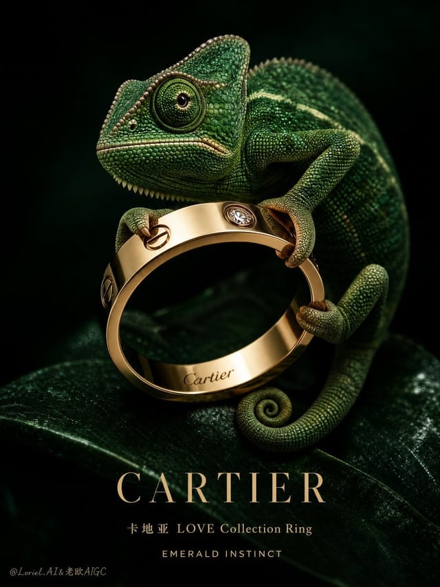 Create an ultra-premium high-jewelry campaign poster for Cartier, centered on the Cartier LOVE Colle