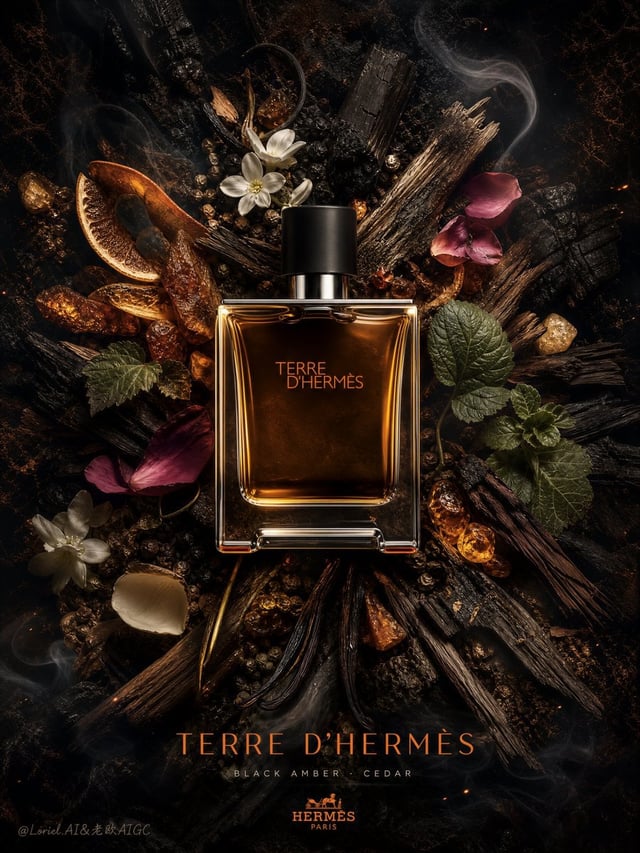 Create an ultra-premium fragrance poster for Hermès Terre d’Hermès, designed in a perfectly top-down